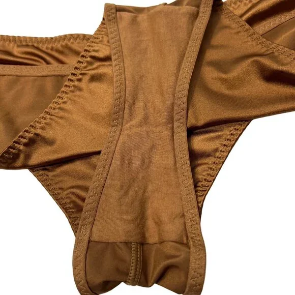 SKIMS Stretch Satin Scoop Neck Bralette + Cheeky Tanga Bronze 3X